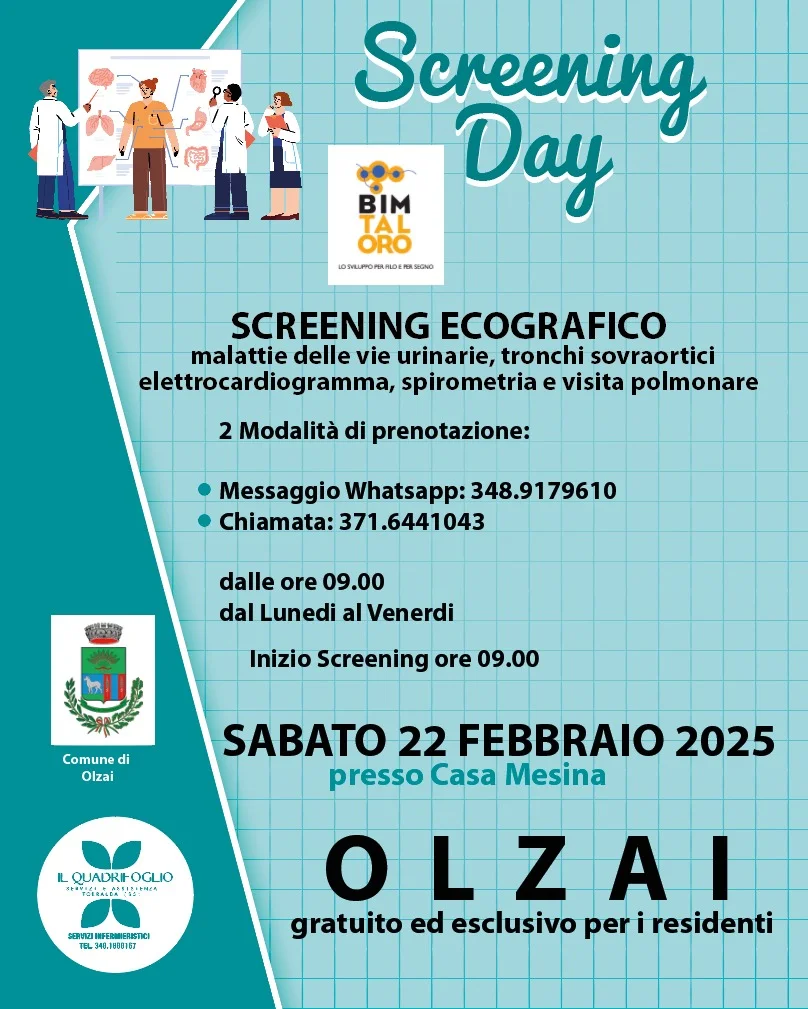 SCREENING ECOGRAFICO  GRATUITO - SABATO 22/2/2025 ore 9,00 e ss.