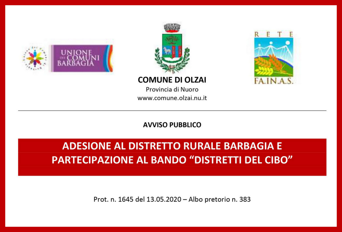 AVVISO - ADESIONE AL DISTRETTO RURALE BARBAGIA E PARTECIPAZIONE AL BANDO “DISTRETTI DEL CIBO”